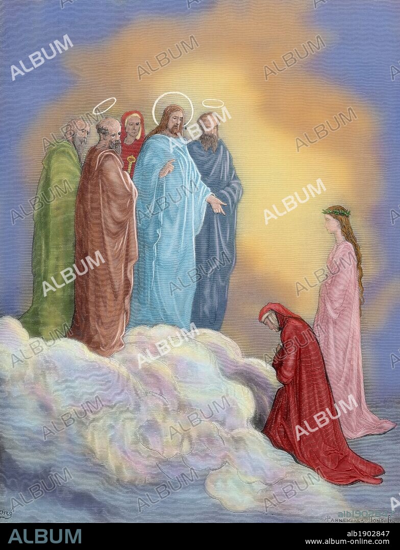 "LA DIVINA COMEDIA". Poema escrito en toscano donde se relata el viaje de su autor, DANTE ALIGHIERI, para llegar a la CONTEMPLACION DIVINA. "COMIENZA PUES, Y DI ADONDE SE DIRIGE TU ALMA" (Paraiso, c. XXVI). Grabado de Gustavo DORE. Coloreado.