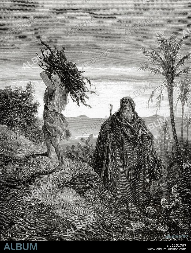 Old Testament. Book of Genesis. Abraham and Isaac. Patriarchs of Israel. Abraham and Isaac carrying the wood for the sacrifice. Chapter XXII, verses 13 to 8. Dore drawing. Engraving by Laplante. 19th century.