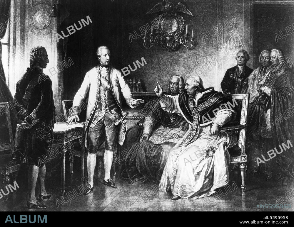 Joseph II., röm.-deutscher Kaiser, 1741-1790. "Pius VI. und Joseph II." (Wien, 22.3. bis 22.4.1782; Vertretung der kirchl. Rechte gegenüber den Josephinischen Reformen; u. a. Fürst Kaunitz, Graf Cobenzl, die Kardinäle Migazzi u. Bathyany). Lithographie, um 1850, von Franz Schams. (1823-1883).