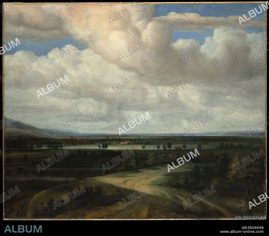 A Panoramic Landscape with a Country Estate. Artist: Philips Koninck (Dutch, Amsterdam 1619-1688 Amsterdam). Dimensions: 56 3/8 x 68 1/4 in. (143.2 x 173.4 cm). Date: ca. 1649.
This ambitious work is one of the artist's first compositions on a large scale. The foreground is somewhat awkwardly arranged, but the sunlit plain in the distance seems to announce Koninck's mature style of panoramic landscape painting. Earlier Dutch landscape and marine painters had surveyed sweeping views of earth and sky, but Koninck (who knew Rembrandt well) introduces dramatic contrasts of light and shadow and a sense of nature as a constantly changing force.