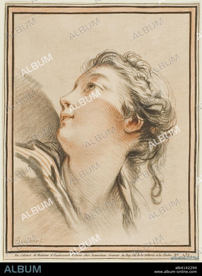 Head of a Woman. Gilles Demarteau (French, 1722-1776); after François Boucher (French, 1703-1770). Date: 1762-1772. Dimensions: 217 × 165 mm (sheet; cut within plate). Crayon-manner engraving in red and black on ivory laid paper. Origin: France.