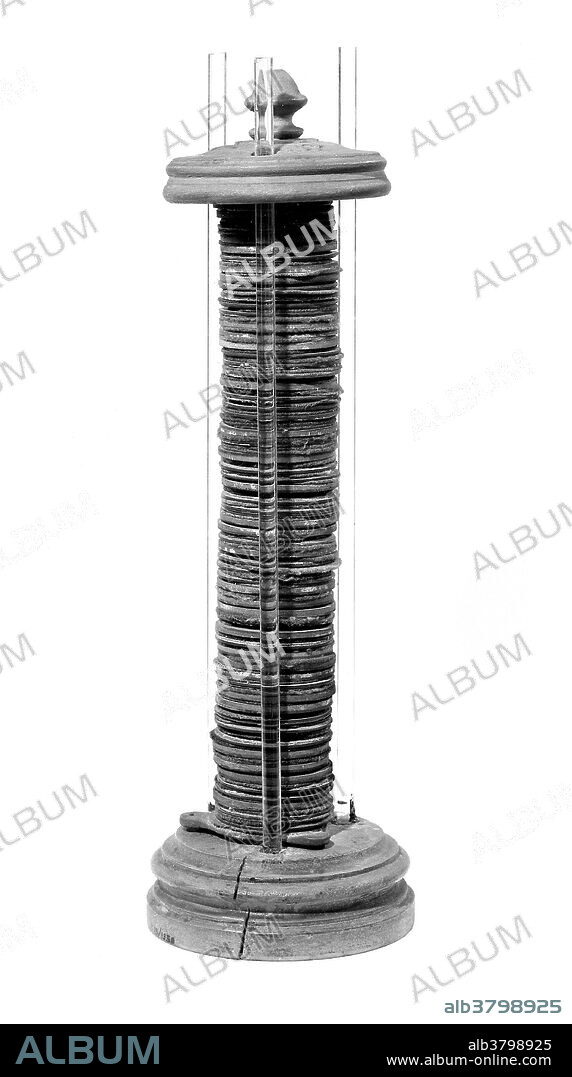 Original Voltaic pile. Probably made and used by Volta himself. This pile was shown at the exhibition at Como, Italy in 1899, commemorating the work of Galvani and Volta. he voltaic pile was the first electrical battery that could continuously provide an electric current to a circuit. Volta stacked several pairs of alternating copper (or silver) and zinc discs (electrodes) separated by cloth or cardboard soaked in brine (electrolyte) to increase the electrolyte conductivity. When the top and bottom contacts were connected by a wire, an electric current flowed through the voltaic pile and the connecting wire.
