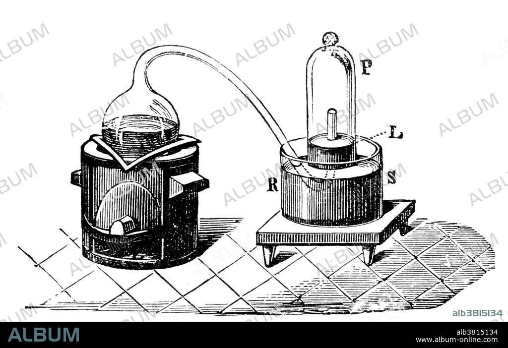 Illustration from an 1892 Chemistry book of French chemist Antoine Laurent Lavoisier's (1743-1794) 1776 experiment that revealed the composition of air. Lavoisier heated mercury in a glass retort on a furnace. Red specks appeared on the mercury's surface as it reacted with the air. The remaining gas was inert and is now known to be nitrogen. The red specks, when heated, gave mercury and a combustible gas that Lavoisier named oxygen.