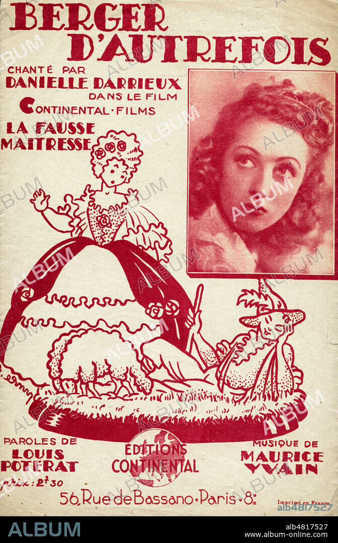 Berger d'autrefois par Danielle DARRIEUX (nee en 1917) dans le film La fausse maitresse. Illustration de R. ERNY pour une couverture de partition de musique de 1942. Paroles de Louis POTERAT (1901-1982) Musique de Maurice YVAIN. Credit : Collection GROB/Kharbine-Tapabor.