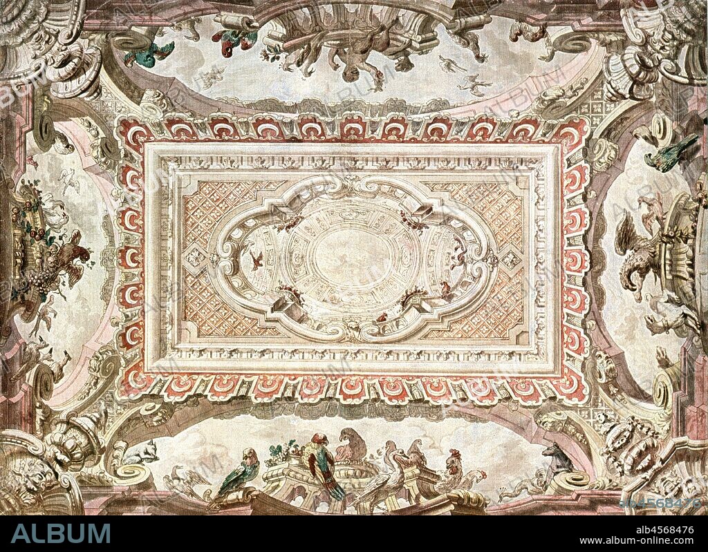 Design for a ceiling-painting, Netherlands, (1928). 'Beginning of 18th Century... Daniel Marot [1661-1752, born in Paris] had to flee to Amsterdam in 1685 owing to the revocation of the Edict of Nantes. He worked there till after 1718. In 1686 he was appointed architect to William III. of Orange and also worked later in England. After about 1700 his pattern-books were published and were of great influence'. After an aquarelle pen-and-ink drawing. Plate XCIV, fig 187, from "An Encyclopaedia of Colour Decoration from the Earliest Times to the Middle of the XIXth Century" with explanatory text by Helmuth Bossert. [Ernst Wasmuth Ltd., Berlin, 1928].