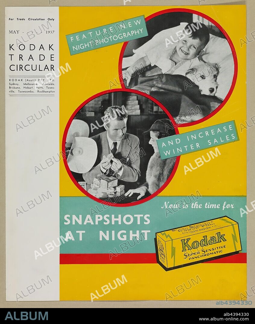 Brochure - Kodak Australasia Pty Ltd, Kodak Trade Circular, 'Snapshots at Night', May 1937, Colour Kodak Trade Circular brochure from May 1937, promoting a new campaign for 'night photography', 'Snapshots at Night'. The brochure, designed for distribution to Kodak dealers and retailers around Australia, lists different products and costs, including flashbulbs, reflectors, film, and promotional posters. The brochure is held in a scrapbook compiled by Kodak Australasia. The scrapbook.