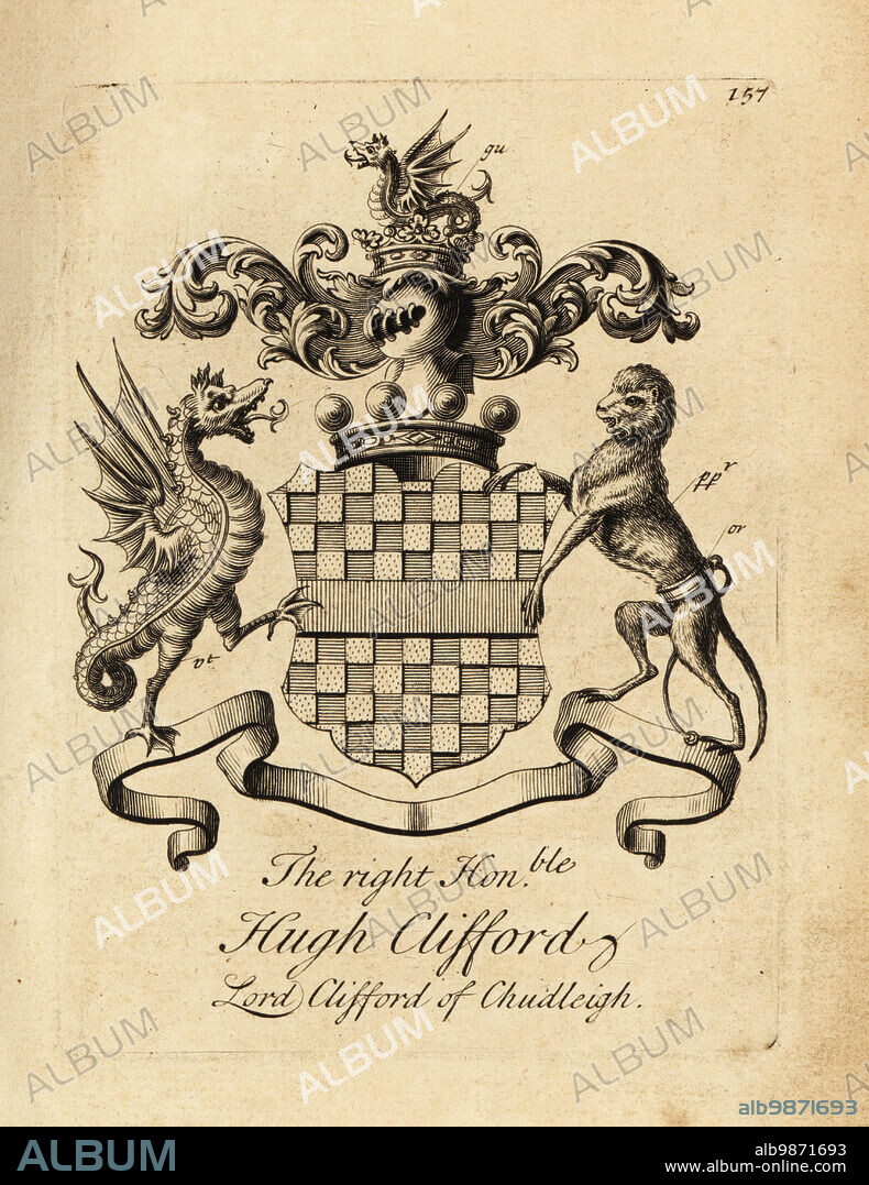 Coat of arms of the Right Honourable Hugh Clifford, Lord Clifford of Chudleigh, 2nd Baron Clifford of Chudleigh (16631730). Copperplate engraving by Andrew Johnston after C. Gardiner from Notitia Anglicana, Shewing the Achievements of all the English Nobility, Andrew Johnson, the Strand, London, 1724.
