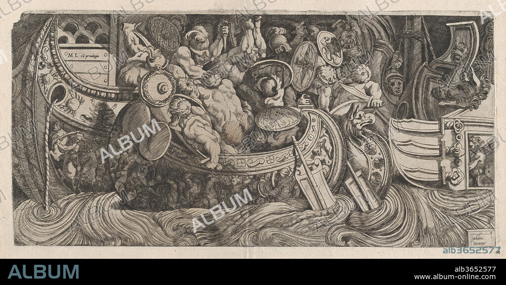 Speculum Romanae Magnificentiae: Naval Battle. Artist: After Polidoro da Caravaggio (Italian, Caravaggio ca. 1499-ca. 1543 Messina); Michele Lucchese (Italian, active Rome, 1534-64). Dimensions: sheet: 13 11/16 x 19 7/16 in. (34.8 x 49.4 cm)
plate: 8 9/16 x 17 5/16 in. (21.8 x 44 cm). Series/Portfolio: Speculum Romanae Magnificentiae. Date: 16th century.
This print comes from the museum's copy of the Speculum Romanae Magnificentiae (The Mirror of Roman Magnificence) The Speculum found its origin in the publishing endeavors of Antonio Salamanca and Antonio Lafreri. During their Roman publishing careers, the two foreign publishers - who worked together between 1553 and 1563 - initiated the production of prints recording art works, architecture and city views related to Antique and Modern Rome. The prints could be bought individually by tourists and collectors, but were also purchased in larger groups which were often bound together in an album. In 1573, Lafreri commissioned a title page for this purpose, which is where the title 'Speculum Romanae Magnificentiae' first appears. Lafreri envisioned an ideal arrangement of the prints in 7 different categories, but during his lifetime, never appears to have offered one standard, bound set of prints. Instead, clients composed their own selection from the corpus to be bound, or collected a group of prints over time. When Lafreri died, two-third of the existing copper plates went to the Duchetti family (Claudio and Stefano), while another third was distributed among several publishers. The Duchetti appear to have standardized production, offering a more or less uniform version of the Speculum to their clients. The popularity of the prints also inspired other publishers in Rome to make copies however, and to add new prints to the corpus. 
The museum's copy of the Speculum entered the collection as a group of 3 albums with inlaid engravings and etchings. The prints have since been removed, but the original place of each print within the album is contained in the accession number: 41.72(volume.place).
Originally volume 2, plate 120 in the scrapbook.