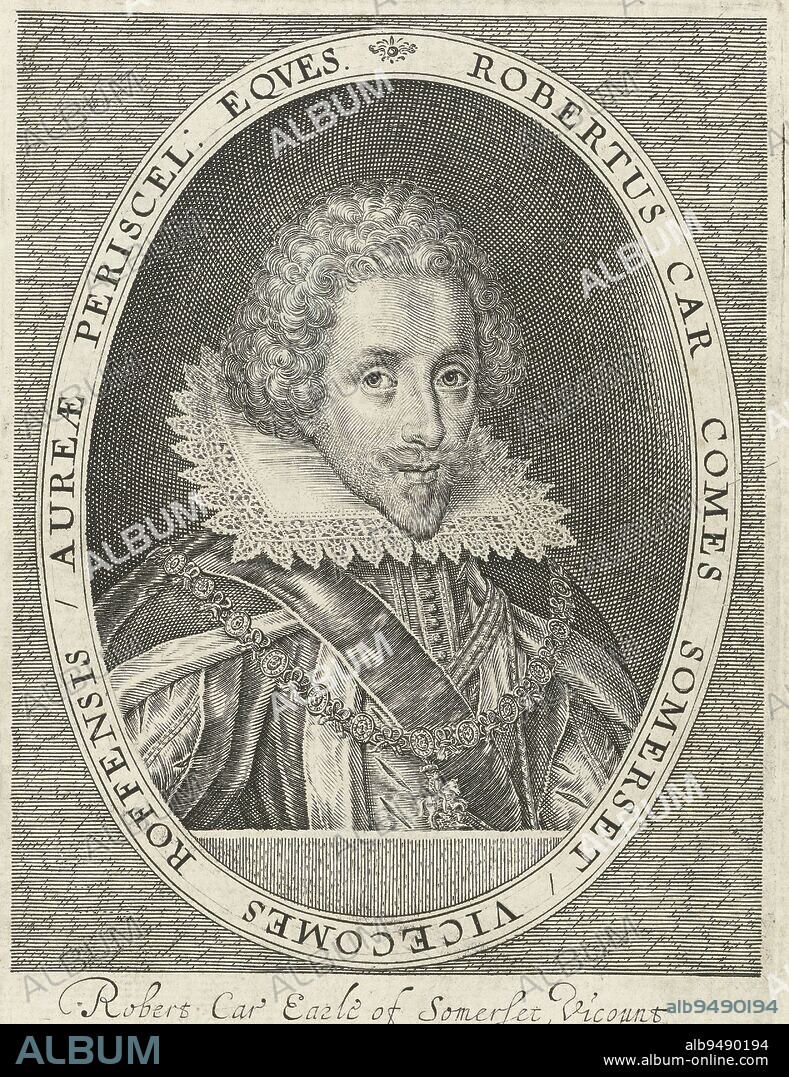 Portrait of Robert Carr, Earl of Somerset. He wears a chain with the sign of the Order of the Garter. Pendant of a portrait of Frances Carr, Countess of Somerset. Portrait of Robert Carr, print maker: Simon van de Passe, (mentioned on object), publisher: Compton Holland, (mentioned on object), London, 1615 - 1622, paper, engraving, h 175 mm × w 119 mm.