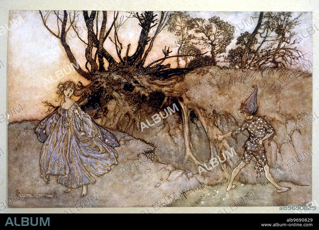 Fairies - Gnomes - Puck with the fairies - How now, spirit! Whither wander you? - illustration by Arthur Rackham to Act II, Scene I of Shakespeare's Dream 1908.