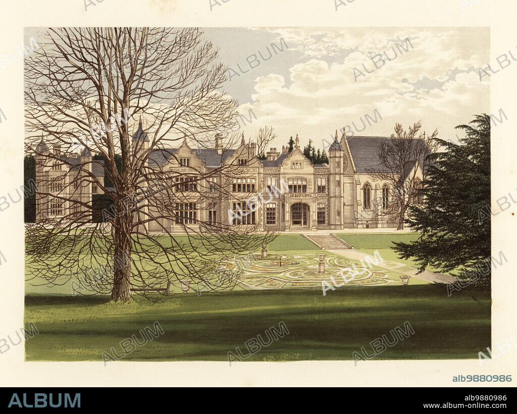 Exton House, Rutlandshire, England. Elizabethan-style mansion built around 1811 by Sir Gerard Noel, 2nd Baronet of Gainsborough, who owned enslaved people on Saint Kitts, West Indies. Colour woodblock by Benjamin Fawcett in the Baxter process of an illustration by Alexander Francis Lydon from Reverend Francis Orpen Morriss A Series of Picturesque Views of the Seats of Noblemen and Gentlemen of Great Britain and Ireland, William Mackenzie, London, 1870.