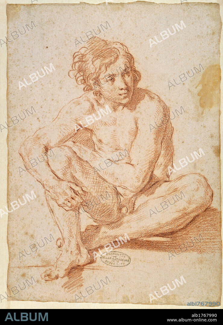 Seated Male Nude, by Cantarini Simone known as il Pesarese, 17th Century, 1646, red pencil, white paper, mm 345 x 246. Italy, Veneto, Venice, Accademia Art Galleries, Print  Drawing Cabinet inv 702. Authorization required for non editorial use.