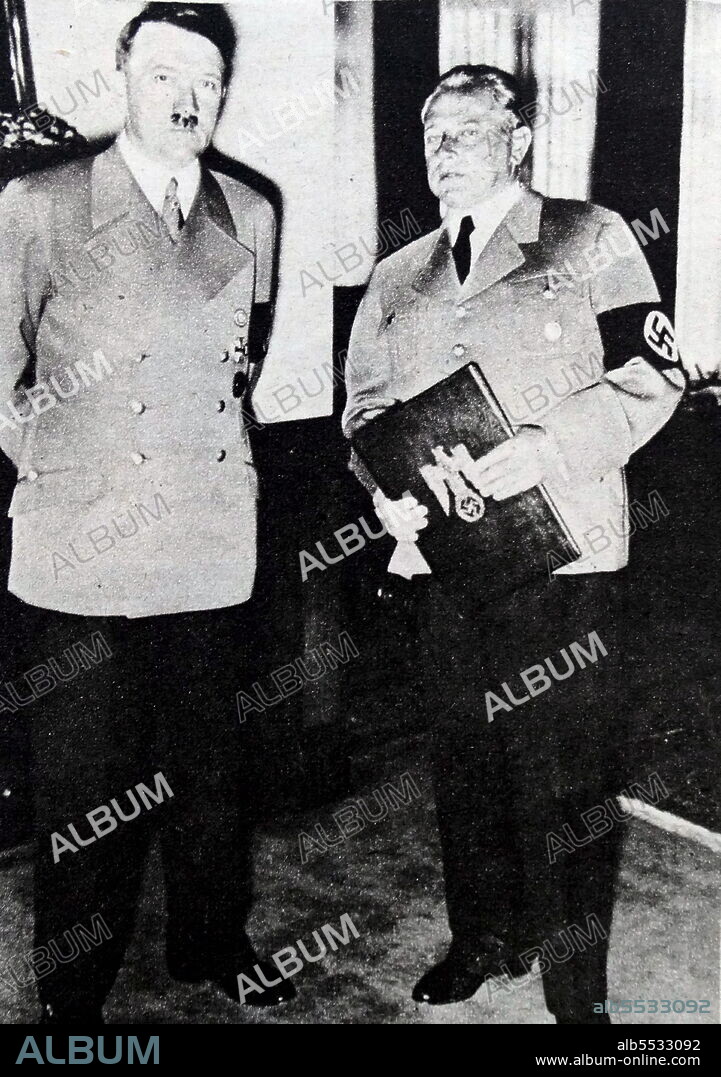 Adold Hitler photographed by Heinrich Hoffmann. Adolf Hitler (20 April 1889 - 30 April 1945) was an Austrian-born German politician who was the dictator of Germany from 1933 until his death in 1945. He rose to power as the leader of the Nazi Party, becoming the chancellor in 1933 and then assuming the title of Fuhrer und Reichskanzler in 1934. During his dictatorship, he initiated World War II in Europe by invading Poland on 1 September 1939. He was closely involved in military operations throughout the war and was central to the perpetration of the Holocaust, the genocide of about six million Jews and millions of other victims. Heinrich Hoffmann (12 September 1885 - 15 December 1957) was Adolf Hitler's official photographer, and a Nazi politician and publisher, who was a member of Hitler's intimate circle.
