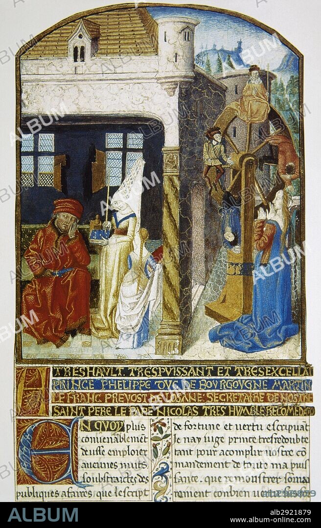 Wheel of Fortune or Rota Fortuane. Concept in medieval and anceint philosophy referring to the capricious nature of Fate. Miniature, 15th century. France.