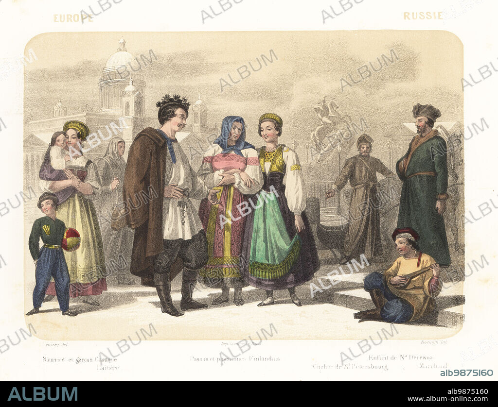 Costumes of the people of Russia, 1858. Nanny with Cossack boy, milkmaid with milkpail, Finnish peasants, sleigh driver, merchant, boy from Derewna, Belarus, playing a domra lute. In Senatskaia Square in St. Petersburg with the Bronze Horseman statue of Peter the Great and St. Isaac's Cathedral dome. Nourrice et garcon Cosaque, laitiere, paysan et paysannes Finlandais, cocher de St. Petersburg, marchand, enfant de Na. Derewna. Handcoloured and sepia-tinted lithograph by Jean-Adolphe Bocquin after an illustration by Felix Fossey from Elisabeth Muller (pseudonym of Leonie Bedelet)s Le Monde en Estampes, The World in Prints, Amadee Bedelet, Paris, 1858.