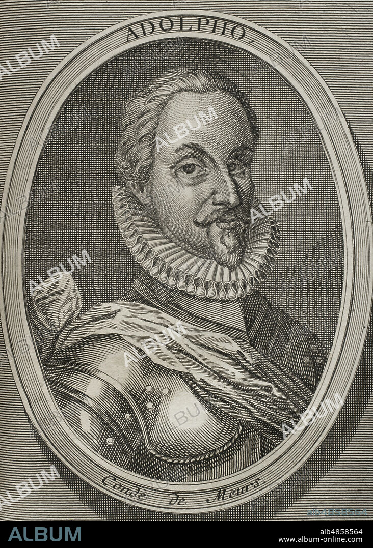 Adolf van Nieuwenaar (1545-1589). Conde de Limburg y Moers. Estadista y militar de los Países Bajos. Estatúder de Guelders, Utrecht y Overijssel para los Estados generales de los Países Bajos durante la guerra de los ochenta años. Retrato. Grabado. Guerras de Flandes. Edición publicada en Amberes, 1748. Biblioteca Histórico Militar de Barcelona. Cataluña. España.