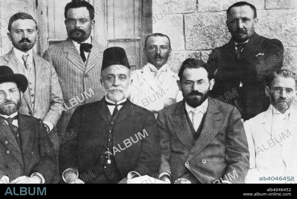 Members of the Hebrew Language Council, 1912. On the right is Lithuanian-born Jewish scholar and leader Eliezer Ben-Yehuda, (1858-1922), the Father of Modern Hebrew. Eliezer Perelman changed his name, settled in Palestine and dedicated himself to the revival of Hebrew as the national language. His 16-volume Dictionary of Ancient and Modern Hebrew contributed significantly to this end. Ben-Yehuda founded the Hebrew Language Council, devoted to promoting and regulating the development of the Hebrew language. It became the Academy of Hebrew Language in 1953.