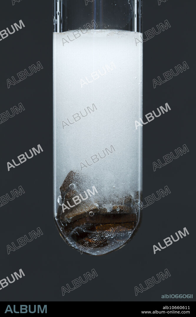 Manganese reacts with an acid. Manganese metal (Mn) reacts with 0.03M sulfuric acid (H2SO4) in a test tube. The reaction produces hydrogen gas (H2) bubbles: Mn + H2SO4 -> MnSO4 + H2. This is an example of a single displacement reaction.