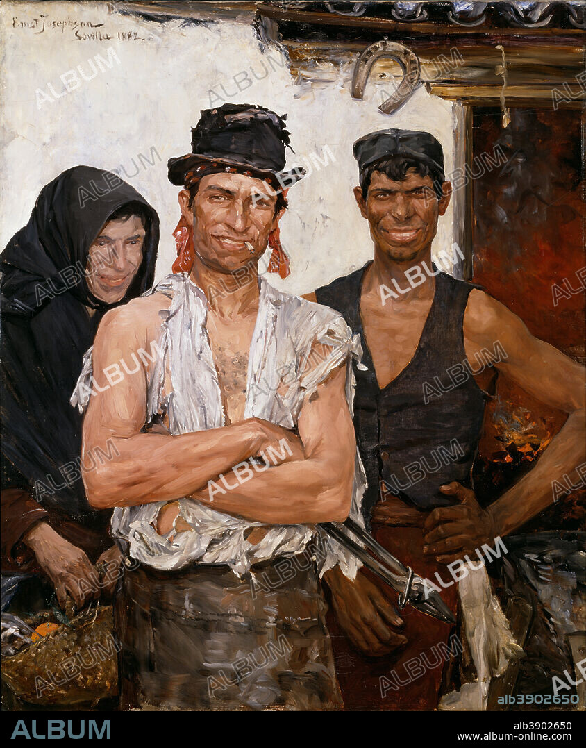 ERNST JOSEPHSON. Spanish Blacksmiths. Date/Period: 1882. Painting. Olje på lerret. Width: 107 cm. Height: 128.5 cm.