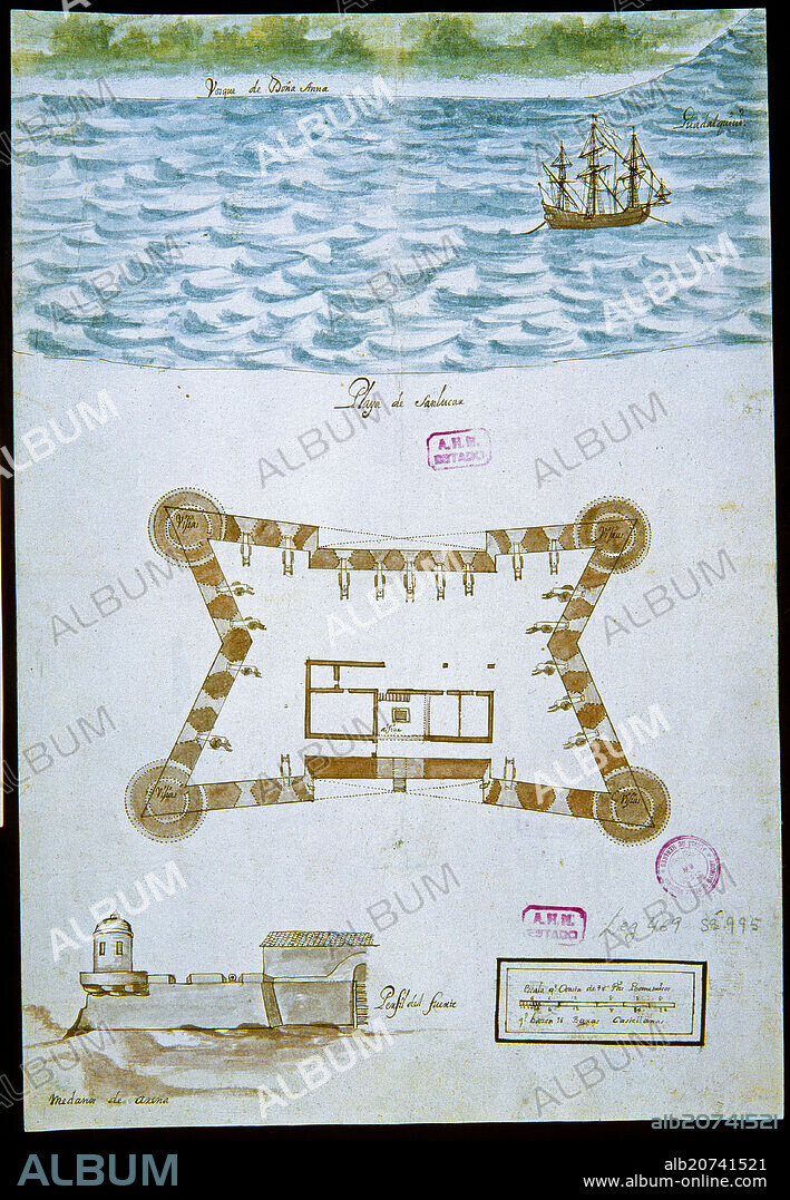 MAPA DE SAN LUCAR DE BARRAMEDA Y CASTILLO DE SAN SALVADOR,DOÑANA Y LA DESEMBOCADURA DEL GUADARQUIVIR-1703.