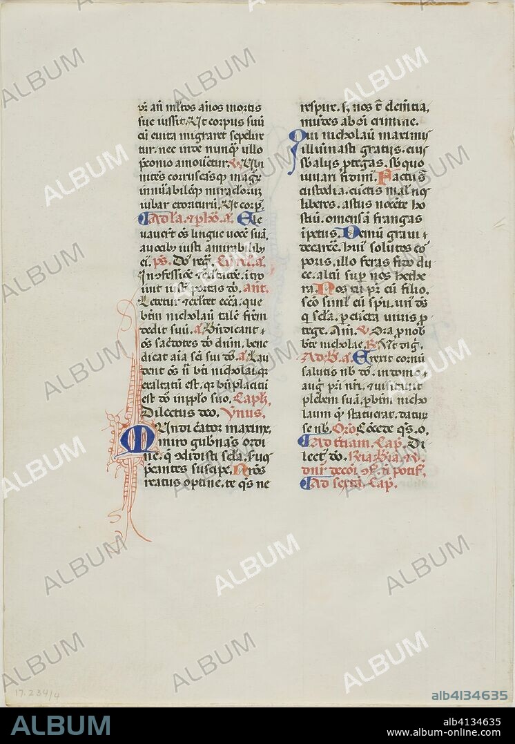 Illuminated Manuscript Leaf. Italian. Date: 1445-1455. Dimensions: 162 x 117 mm. Manuscript cutting with round gothic inscriptions in black, red and blue inks, and decorations in red and blue inks, on vellum. Origin: Italy.