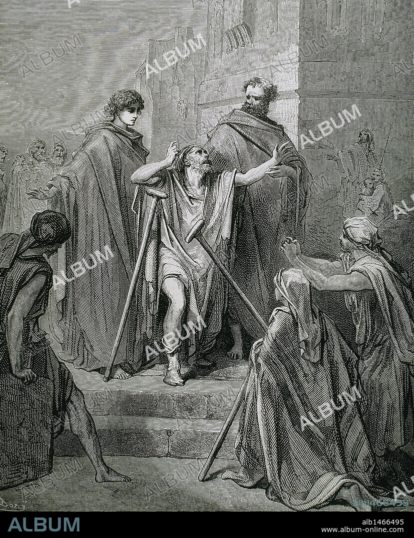 SAN PEDRO (m. 64 a 67). Apóstol principal de Jesucristo y primer Papa de la Iglesia Católica. "SAN PEDRO Y SAN JUAN CURANDO A UN COJO". (Hechos de los Apóstoles, Cap. III, versículos 1 al 8). Dibujo de G. Doré.