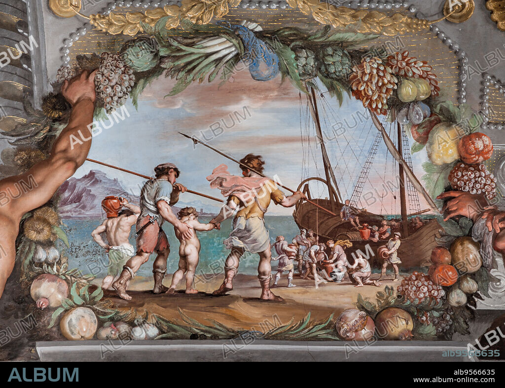 Sassuolo, Este Ducal Palace, the Bacchus Gallery, ceiling: Pirates find Bacchus. Wall tempera painting by Jean Boulanger, 1650 - 52.
