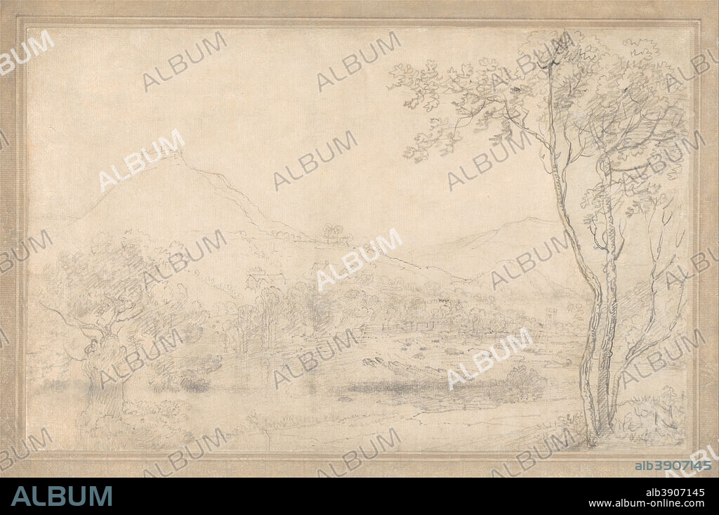 RICHARD WILSON. Castell Dinas Bran, Wales. Drawing. Graphite and black chalk with brown wash on medium, moderately textured, cream laid paper mounted on thick, moderately textured, cream laid paper with brown wash. Height: 330 mm (12.99 in); Width: 498 mm (19.60 in).