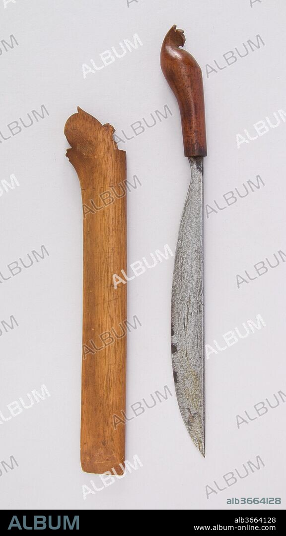 Knife (Golok) with Sheath. Culture: Malayan. Dimensions: L. with sheath 15 11/16 in. (39.8 cm); L. without sheath 14 7/8 in. (37.8 cm); L. of blade 10 3/8 in. (26.4 cm); W. 1 9/16 in. (4 cm); Wt. 7.6 oz. (215.5 g); Wt. of sheath 1.6 oz. (45.4 g). Date: 18th-19th century.