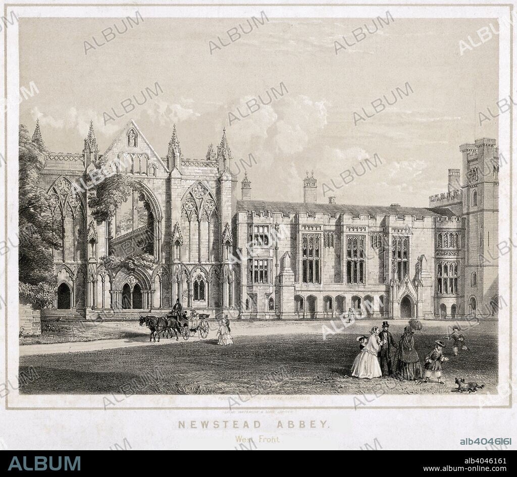 West aspect of Newstead Abbey, Nottinghamshire, c1860. Engraving published in Pott and Neale's Sale Catalogue, 1860. The abbey was founded between 1163 and 1173 by Henry II as a priory of Augustinian Canons with the help of a grant from Henry II. After the Dissolution of the Monasteries in 1540, Henry VIII sold the abbey to the Byron Family, and it is now best known for being the ancestral home of Lord Byron. Since Byron's death in 1824, the Abbey has attracted thousands of visitors from all world who come to see the poet's former ancestral home. Thomas Wildman, the new owner of Newstead, had inherited a fortune from plantations owned by his family in Jamaica. He spent this wealth repairing and restoring Newstead, which was in a very poor state when he bought it. Like the Byrons before him, Wildman preserved the medieval style of the house. He employed the architect John Shaw to carry out alterations which blend well with the oldest parts of the building. Likewise, Wildman filled the house with fine old tapestries, ancient armour and antique furniture in keeping with its long history. In 1861 William Frederick Webb, African explorer and friend of Dr David Livingstone, purchased the Abbey from Thomas Wildman's widow. Under Mr Webb, the chapel was redecorated but the rest of the house remained largely unaltered. After Mr Webb died in 1899, the estate passed to each of his surviving children and finally to his grandson Charles Ian Fraser. Mr Fraser sold Newstead to the Nottinghamshire philanthropist Sir Julien Cahn, who presented it to the Nottingham Corporation in 1931.