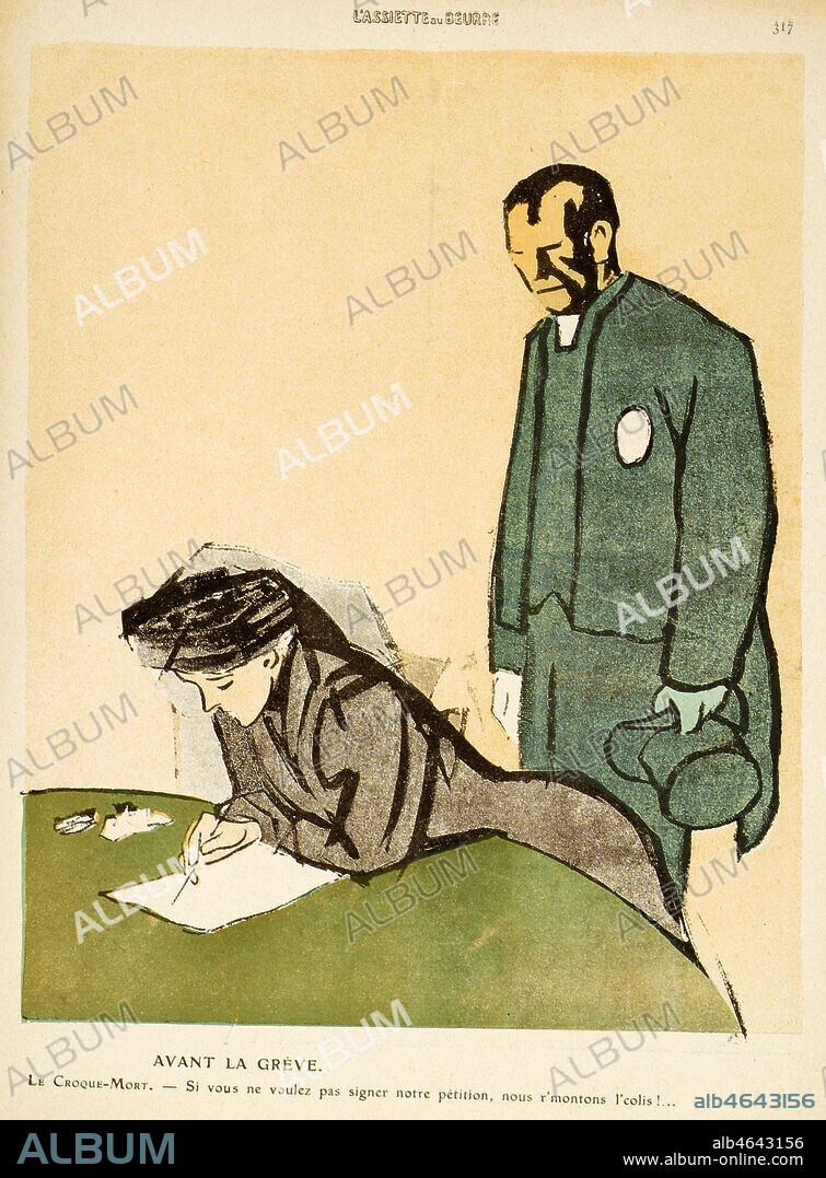'Avant la greve. Le croque-mort : Si vous ne voulez pas signer notre petition, nous remontons le colis'. Illustration de GALANIS (1882-1966)(ADAGP) tiree de l'Assiette au Beurre du 06/08/1910 intitule 'Les croque-morts'. Credit : Collection KHARBINE-TAPABOR.