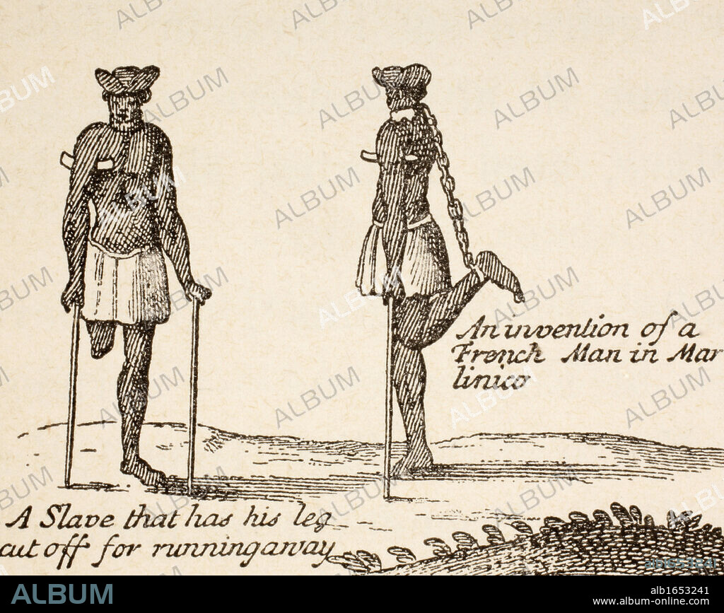 Left. A slave who has had his leg cut off for running away. Right. An invention of a French man in Martinico,or Martinique, to prevent a slave from escaping. After a sketch in Relation d'un Voyage fait en 1695, 1696, & 1697 by Francois Froger, published Paris 1898. From Afrika, dets Opdagelse, Erobring og Kolonisation, published in Copenhagen, 1901.