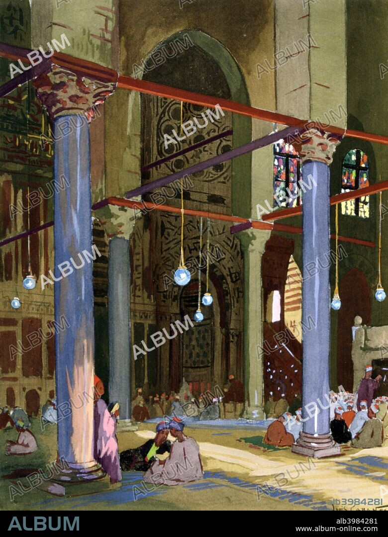 Interior of the al-Mu'ayyad Mosque, Cairo, Egypt, 1928. View inside the mosque built by Sultan al-Muayyad between 1415 and 1422. Published in Promenades à travers Le Caire, 1928.