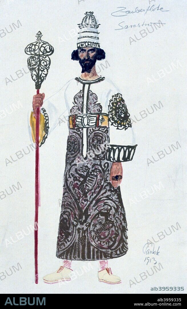 Costume design for Sarastro, 1913. Sarastro, the High Priest of Isis and Osiris. A character in The Magic Flute (Die Zauberflote), the opera by Wolfgang Amadeus Mozart (1756-1791) with libretto by Emanuel Schikaneder (1751-1812) which was first produced in Vienna in 1791. The plot has overtones of Freemasonry. Some say the Queen of the Night is based on the Empress Maria Theresa (1717-1780). Design for a 1913 production at the Paris Opera. From the Bibliotheque Nationale, Paris.
