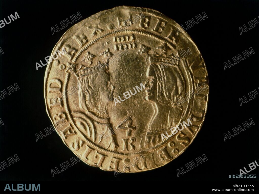 NUMISMATICA. MONEDA MEDIEVAL CRISTIANA. DOBLE EXCELENTE DE ORO, DE REYES CATOLICOS. ANVERSO. EN EL CAMPO LOS BUSTOS DEL REY Y DE LA REINA AFRONTADOS. (DEPOSITO: MUSEO ARQUEOLOGICO NACIONAL).