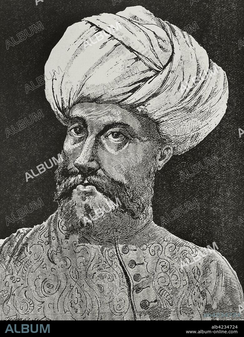Jeireddín Barbarroja (1475-1546). Almirante otomano y corsario turco al servicio del sultán Suleimán I. Grabado. "Museo Militar del Ejército Español", Tomo I. Evaristo Ullastres Editor. Barcelona, 1883. Biblioteca Histórico Militar de Barcelona, Cataluña, España.