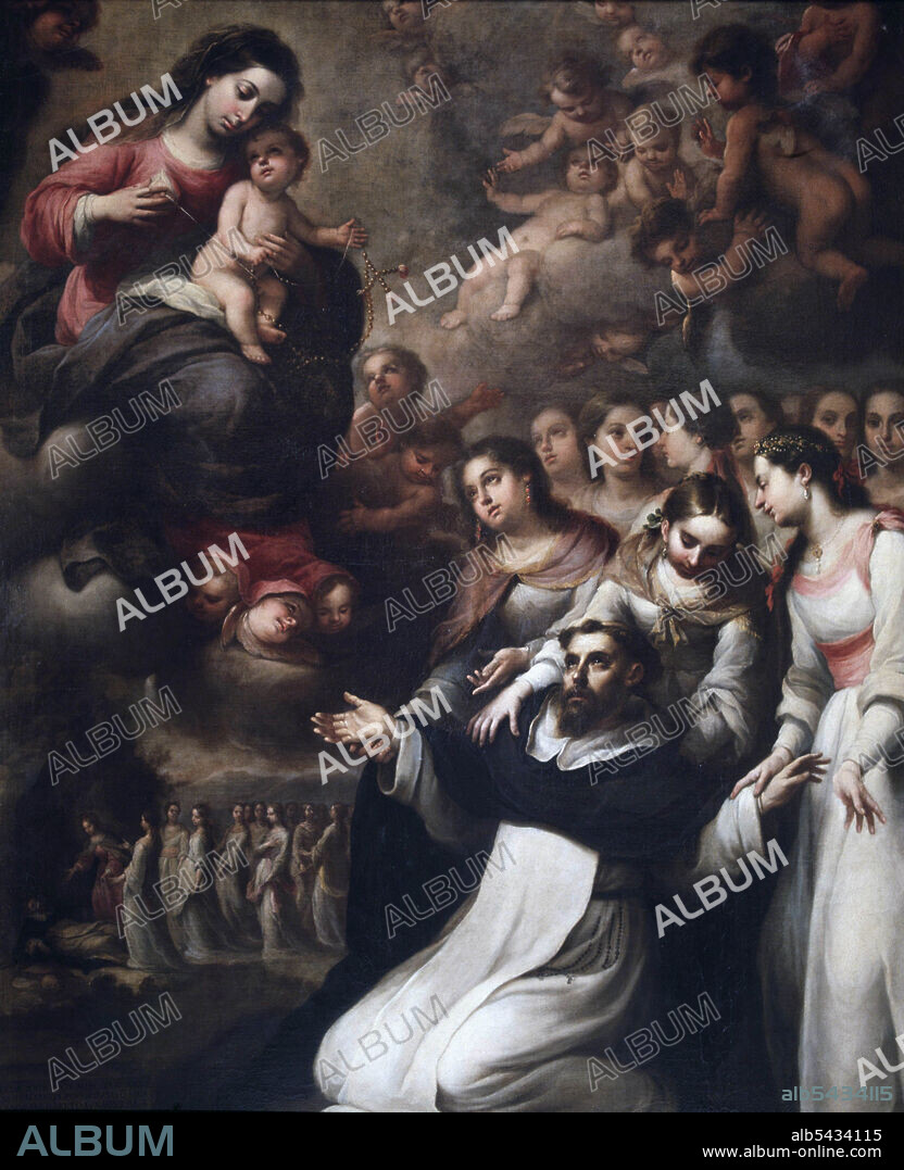 ESTEBAN MARQUEZ DE VELASCO. ESTEBAN MARQUEZ VELASCO. PINTOR ESPAÑOL 1652-1696. "APARICION DE LA VIRGEN A SANTO DOMINGO DE GUZMAN EN TOLOUSE". PARROQUIA DE FUENTES DE ANDALUCIA (SEVILLA). VIRGEN MARIA.