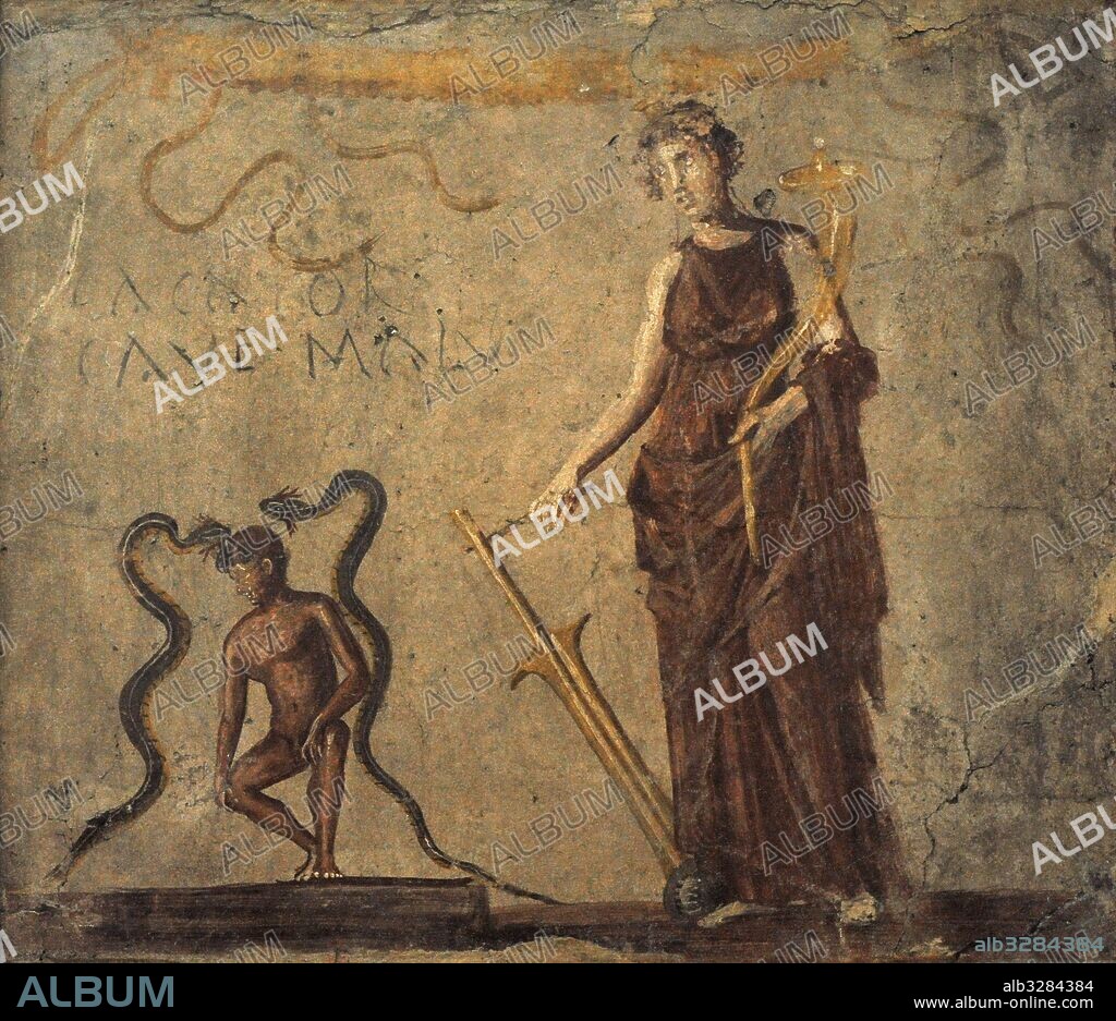 Pintura romana. Isis-Fortuna-Deméter lleva en su cabeza el modium (símbolo de la fertilidad), y lleva la cornucopia de la abundancia, el timón (símbolo del destino) y el globo (símbolo de las incertidumbres de la fortuna humana). Mira hacia Harpócrates, poniéndose en la postura de "Horus sobre los cocodrilos" señor de los animales, y representado entre dos serpientes benéficas. Pompeya, tienda IX, 7, 21. Museo Arqueológico Nacional. Nápoles. Italia.