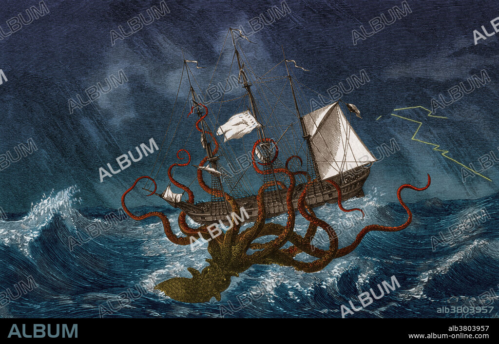 Kraken attacking ship during a storm, image dates back to 1700. Kraken are legendary sea monsters of giant proportions said to dwell off the coasts of Norway and Greenland. The legend may have originated from sightings of giant squid that are estimated to grow to 40-50 feet in length, including the tentacles. The sheer size and fearsome appearance attributed to the kraken have made it a common ocean-dwelling monster in various fictional works. This image has been colour enhanced.