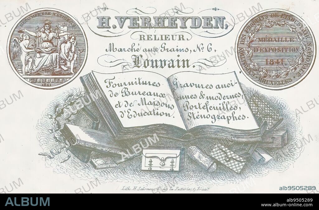 Business card of bookbinder H. Verheyden in Leuven, An open book surrounded by stationery. On the left side the front of a medal depicting the personification of Belgium surrounded by three putti, on the left side the back of the medal., print maker: H. Salomon, (possibly), printer: H. Salomon, (mentioned on object), Brussels, 1841 - 1865, Material, height 69 mm × width 110 mm.