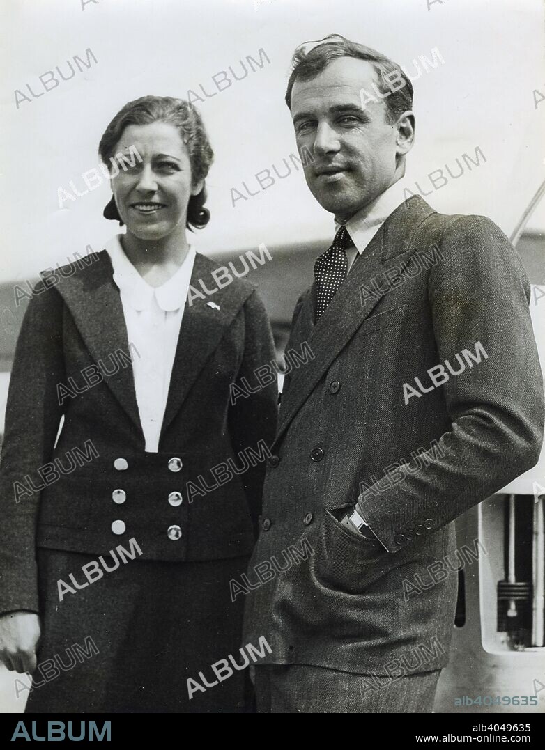 British aviator Amy Johnson with her husband, James Mollison, c1930s. In 1930, Johnson became the first woman to fly solo from Britain to Australia in her DH60 Moth aeroplane 'Jason'. In 1932, she set a record for the fastest solo flight from England to Cape Town, South Africa, and in 1933 she flew non-stop across the Atlantic in a De Havilland biplane with her husband, James Mollison, who she married in 1932. Johnson joined the Air Transport Auxilary as a pilot in WWII, during which she was lost after baling out over the Thames estuary.