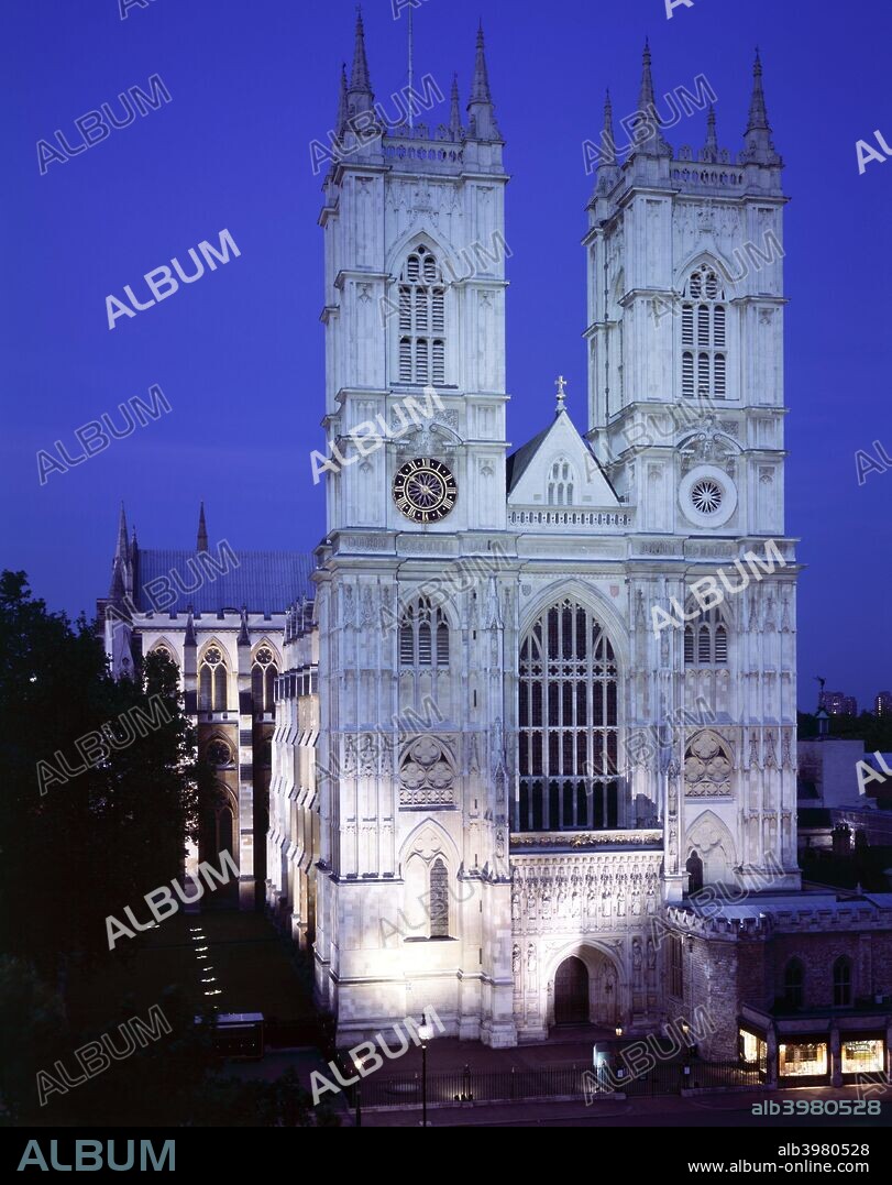 Westminster Abbey, London, c1990-2010. A front view of the west elevation at night of large, mainly Gothic abbey church in the City of Westminster, London. Dating from 960, it was rebuilt in 1517 with 18th century towers added. A UNESCO World Heritage Site and Grade I listed building. Construction of the present church was begun in 1245 by Henry III who selected the site for his burial.