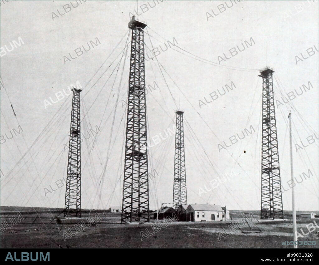 Photograph of Guglielmo Marconi's wireless telegraph station in Cornwall, which sent and received signals between England and America. The first successful transmission was 12 December 1901 between Poldhu and Hospital Point, Newfoundland. The towers were made from wood. Guglielmo Marconi (1874-1937) an Italian inventor and electrical engineer. Dated 20th century.