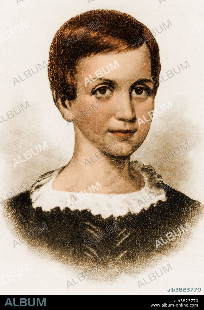 A drawing of Emily Dickinson at the age of nine. Dickinson (1830-1886) was an American poet who lived in Amherst, Massachusetts.