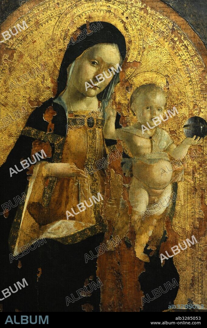 Alto Renacimiento Italiano. Cinquecento. Cristoforo Scacco (Finales XV-Inicios XVI). Pintor italiano. " Virgen el con niño Jesús en el trono y San Francisco y Juan Bautista". Tríptico de Itri, hacia el 1493. Oleo sobre tabla. Detalle panel central. Museo de Capodimonte, Nápoles. Italia.