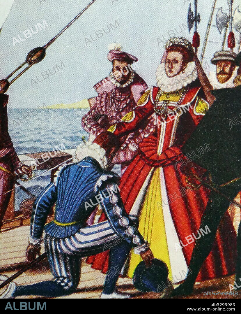 Illustration depicting Sir Francis Drake kneeling before Queen Elizabeth I. Sir Francis Drake (c. 1540 - 28 January 1596), was an English sea captain, privateer, slave trader, pirate, naval officer and explorer of the Elizabethan era. Drake carried out the second circumnavigation of the world in a single expedition, from 1577 to 1580, and was the first to complete the voyage as captain while leading the expedition throughout the entire circumnavigation.