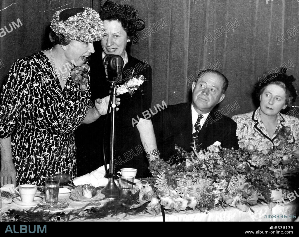 Miss Helen Heller speaking at the luncheon given by the American Society at the Trocadero today. Others L-r: Miss Polly Thompson, Mr Earl Walker, Pres of the Society, and Mrs Justice Maxwell. April 5, 1948. (Photo by Frank Albert Charles Burke/Fairfax Media).