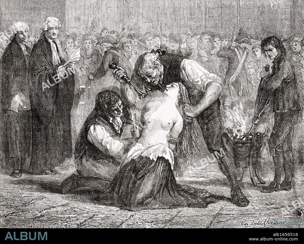The Torture of Madame de la Motte. Jeanne de Saint-Remy de Valois, Comtesse de la Motte. Engraved by Meyer-Heine after De La Charlerie' From "Histoire de la Revolution Francaise" by Louis Blanc.