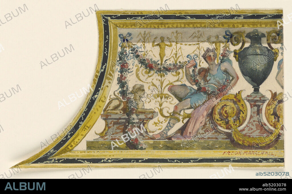 Detail of panel of Salon of Louis XIII, Frederick Marschall, Brush and watercolor, tempera on heavy paper, Section of rectangular panel. Left, carved sides. It contains painted decoration: urn divides composition. Left, reclining youth holding garland of flowers. Extreme left, sphinx., USA, ca. 1885, interiors, Drawing, Drawing.