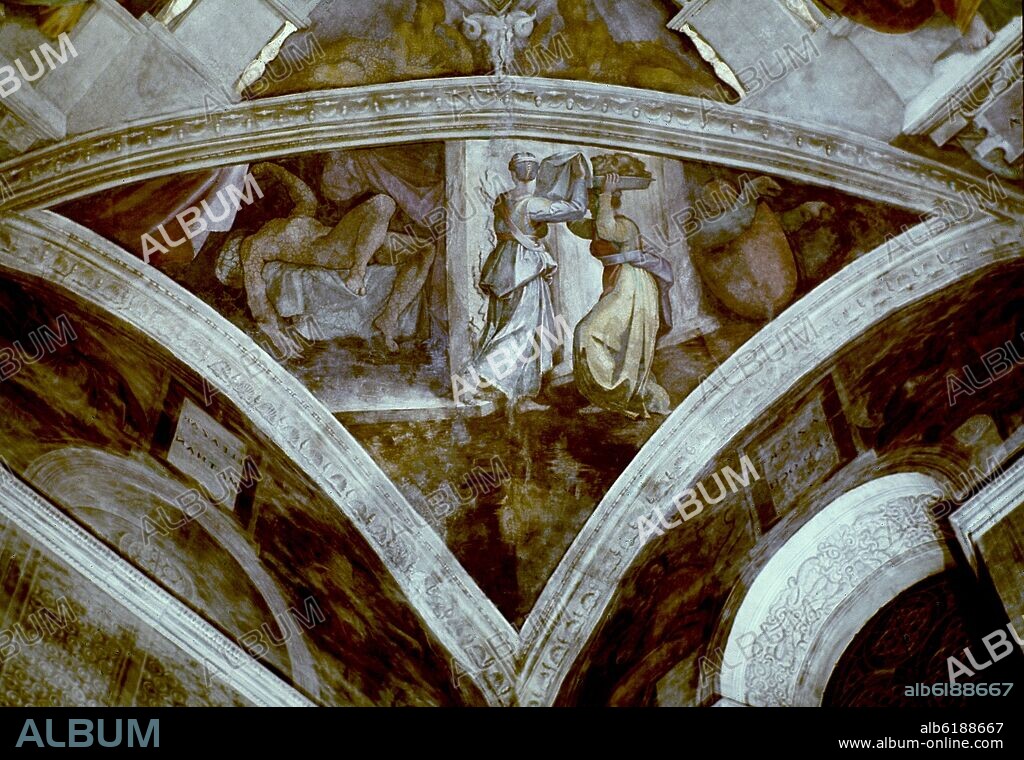 MIGUEL ANGEL. JUDITH Y HOLOFERNES EN UNA DE LAS PECHINAS DEL TECHO DE LA CAPILLA SIXTINA - 1508/1512.